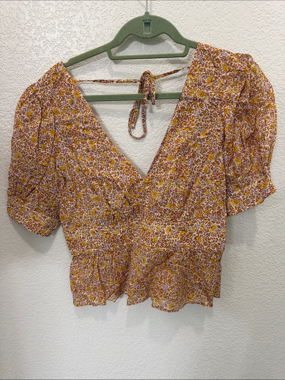 J. Crew Mustard Floral Puff-Sleeve V-Neck Crop Top